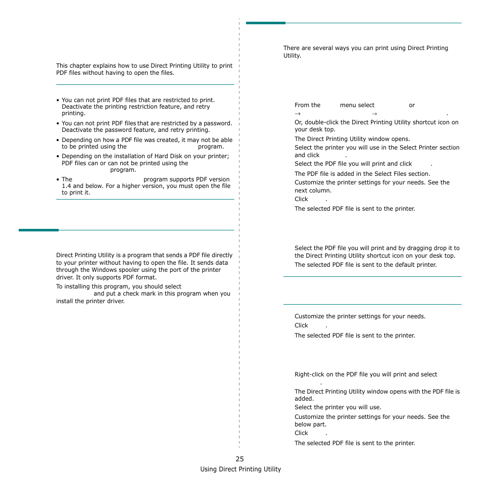 Using direct printing utility, Overview direct printing utility, Printing | From the direct printing utility window, Using the shortcut icon, Using the right-click menu, Overview direct printing utility printing | Samsung SCX-6555N-XBG User Manual | Page 151 / 175