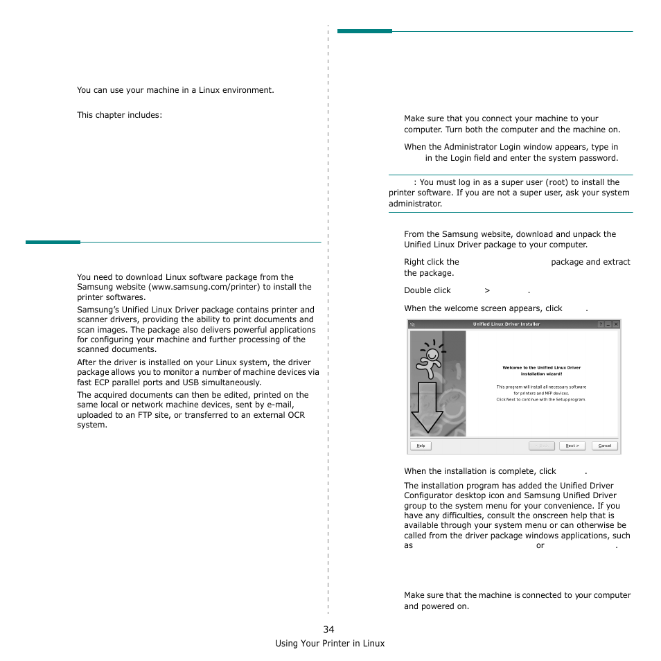 Using your printer in linux, Getting started, Installing the unified linux driver | Installing the smartpanel | Samsung SCX-6555N-XBG User Manual | Page 160 / 175