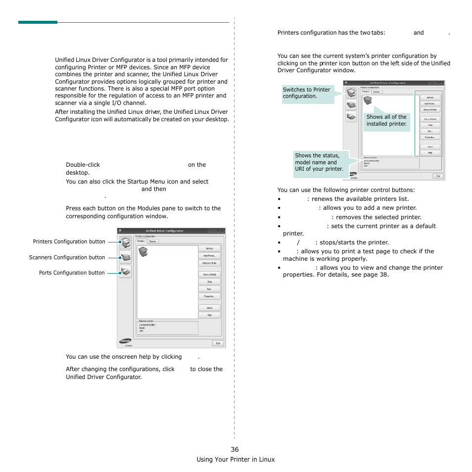 Using the unified driver configurator, Opening the unified driver configurator, Printers configuration | Samsung SCX-6555N-XBG User Manual | Page 162 / 175