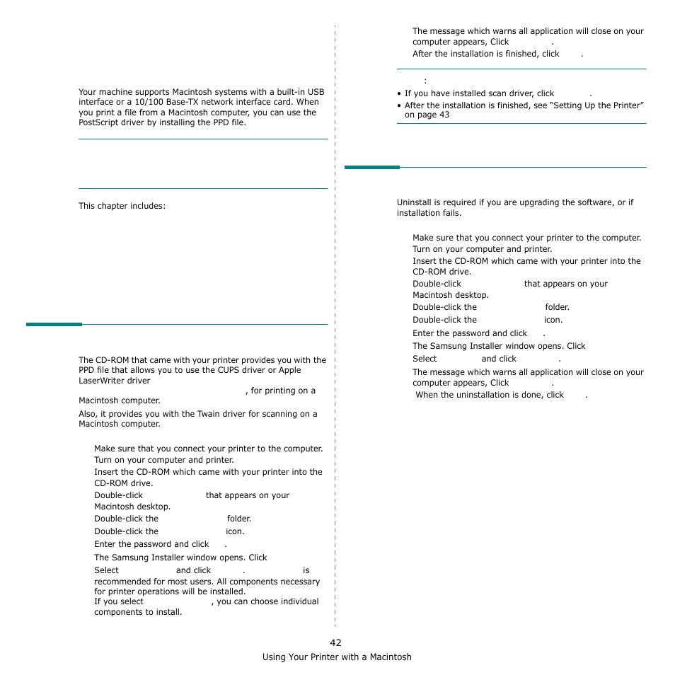 Using your printer with a macintosh, Installing software, Uninstalling software | Installing software uninstalling software | Samsung SCX-6555N-XBG User Manual | Page 168 / 175