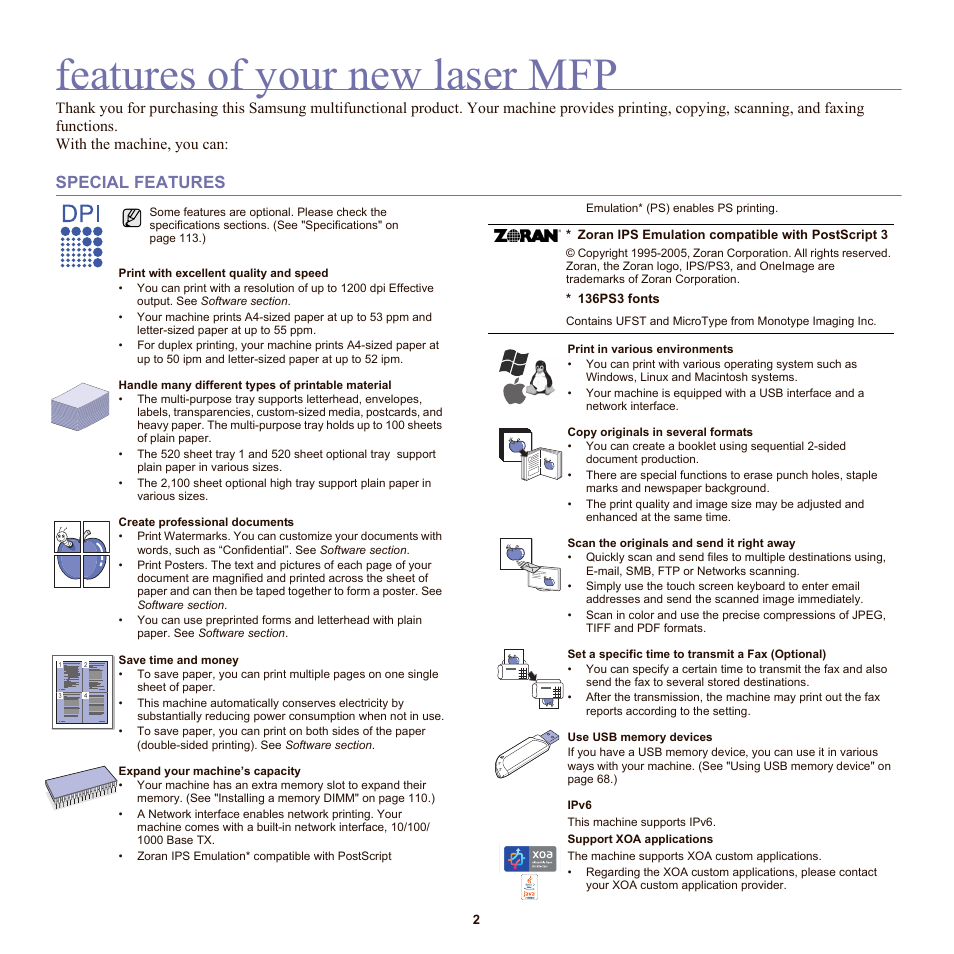 Features of your new laser mfp, Special features | Samsung SCX-6555N-XBG User Manual | Page 2 / 175