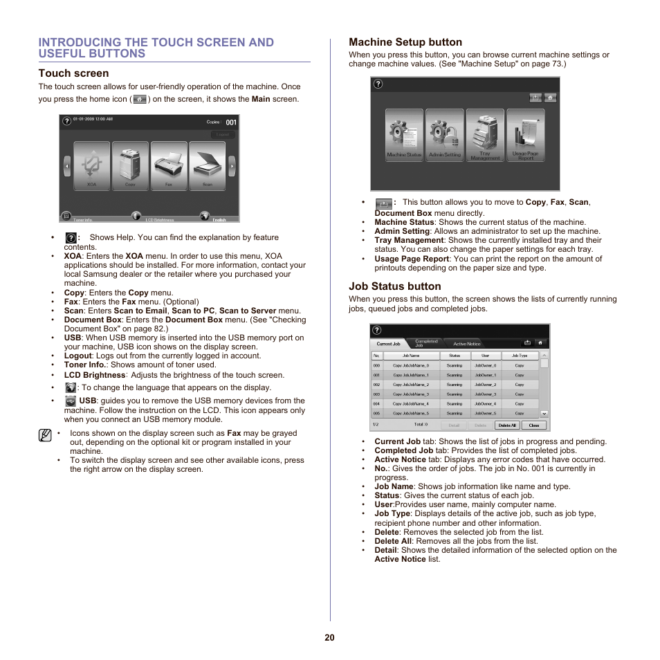Introducing the touch screen and useful buttons, Touch screen, Machine setup button | Job status button, 20 introducing the touch screen and useful buttons | Samsung SCX-6555N-XBG User Manual | Page 20 / 175