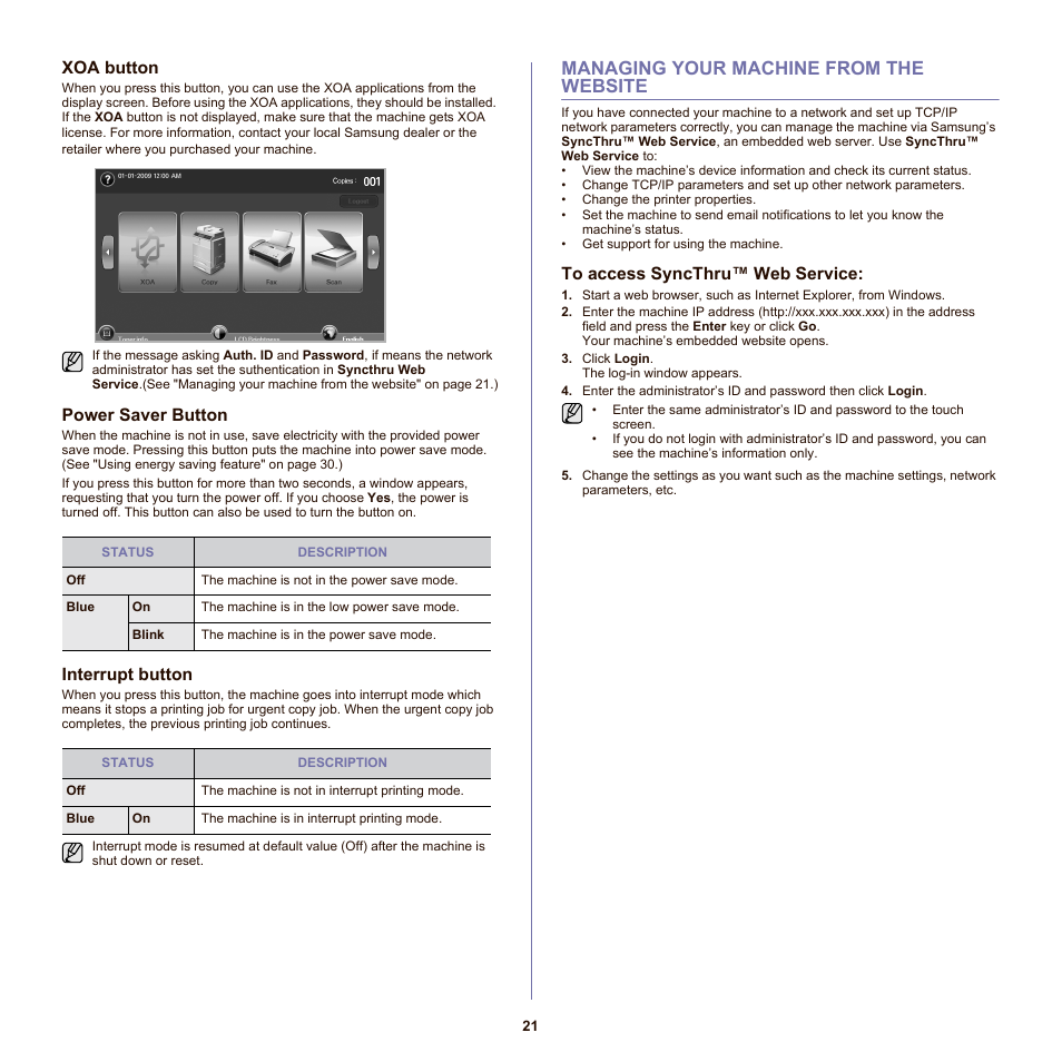 Xoa button, Power saver button, Interrupt button | Managing your machine from the website, To access syncthru™ web service, 21 managing your machine from the website, Managing your machine from the website" on | Samsung SCX-6555N-XBG User Manual | Page 21 / 175