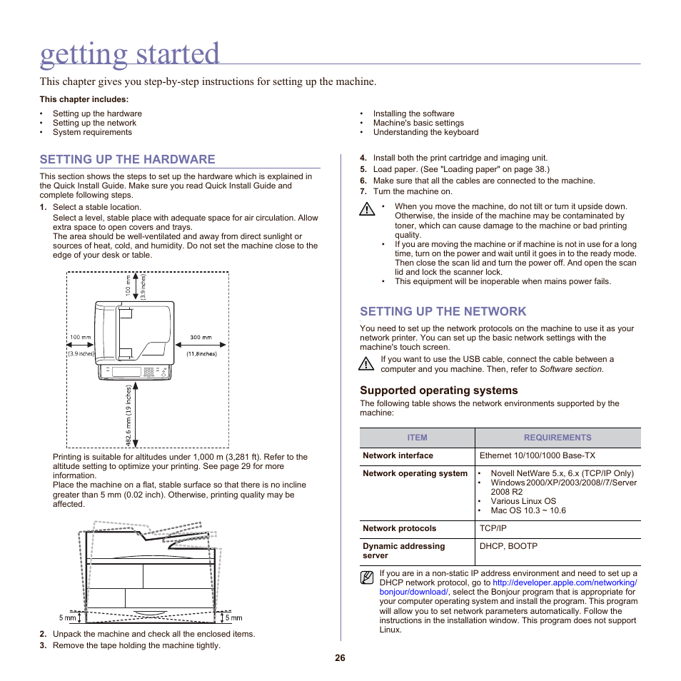 Getting started, Setting up the hardware, Setting up the network | Supported operating systems | Samsung SCX-6555N-XBG User Manual | Page 26 / 175