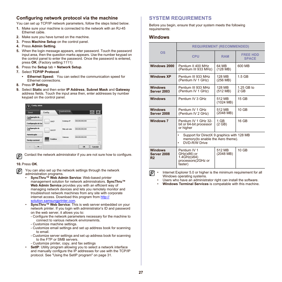Configuring network protocol via the machine, System requirements, Windows | 27 system requirements | Samsung SCX-6555N-XBG User Manual | Page 27 / 175