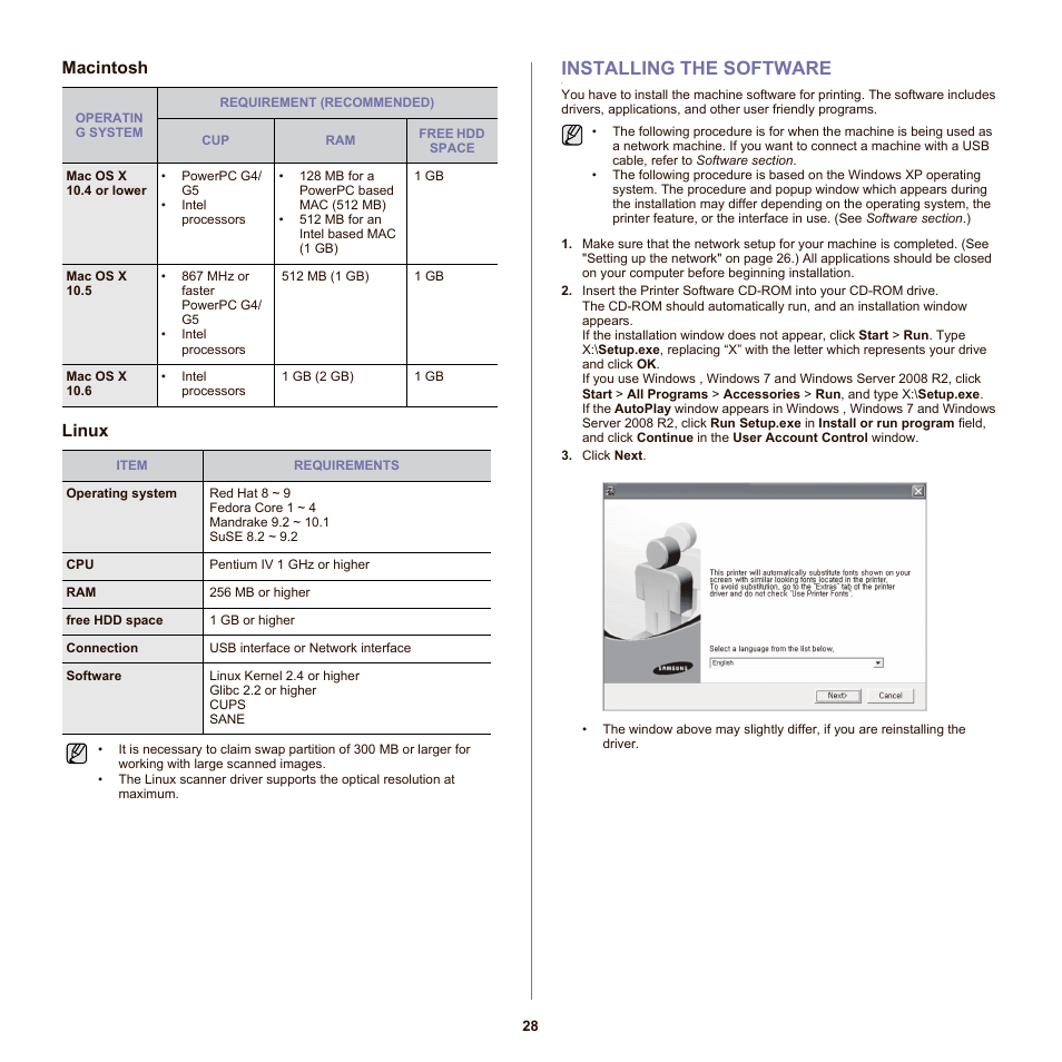 Macintosh, Linux, Installing the software | 28 installing the software, Macintosh linux | Samsung SCX-6555N-XBG User Manual | Page 28 / 175