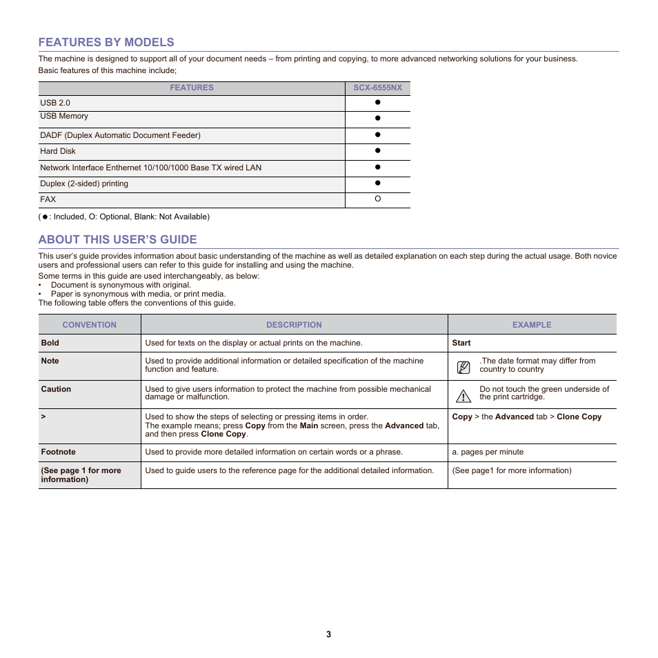 Features by models, About this user’s guide | Samsung SCX-6555N-XBG User Manual | Page 3 / 175