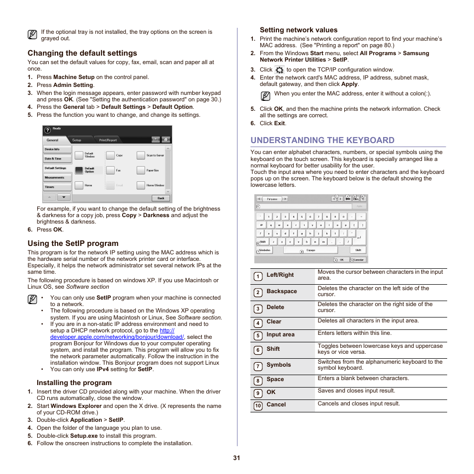 Changing the default settings, Using the setip program, Understanding the keyboard | 31 understanding the keyboard | Samsung SCX-6555N-XBG User Manual | Page 31 / 175