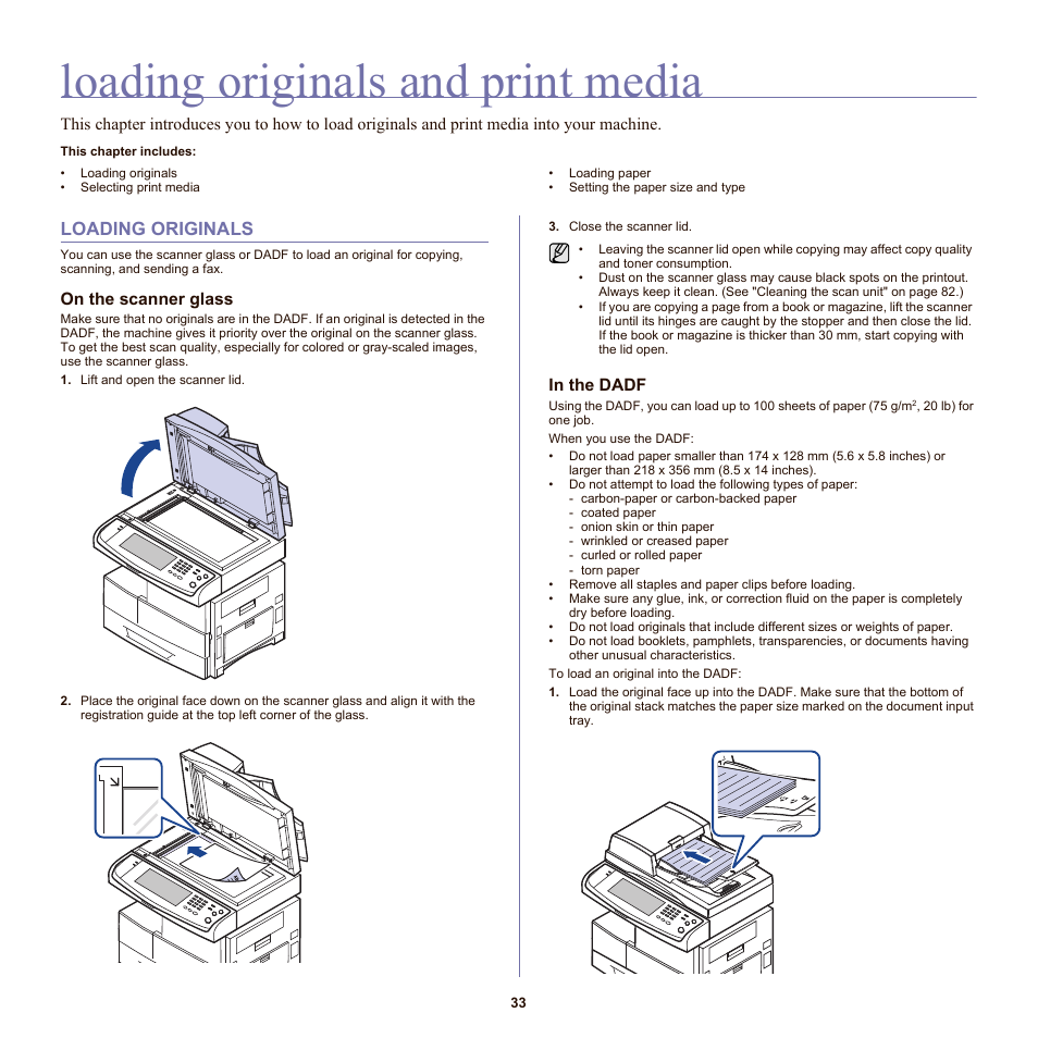 Loading originals and print media, Loading originals, On the scanner glass | In the dadf, 33 loading originals | Samsung SCX-6555N-XBG User Manual | Page 33 / 175
