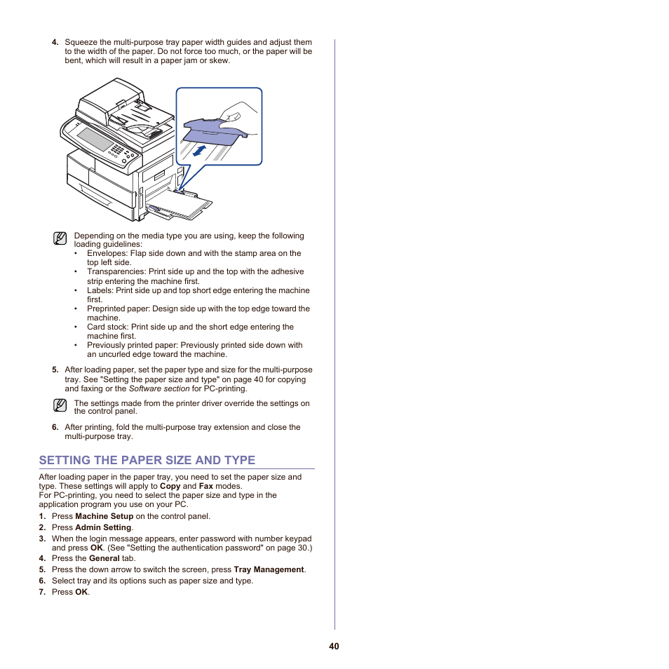Setting the paper size and type, 40 setting the paper size and type | Samsung SCX-6555N-XBG User Manual | Page 40 / 175