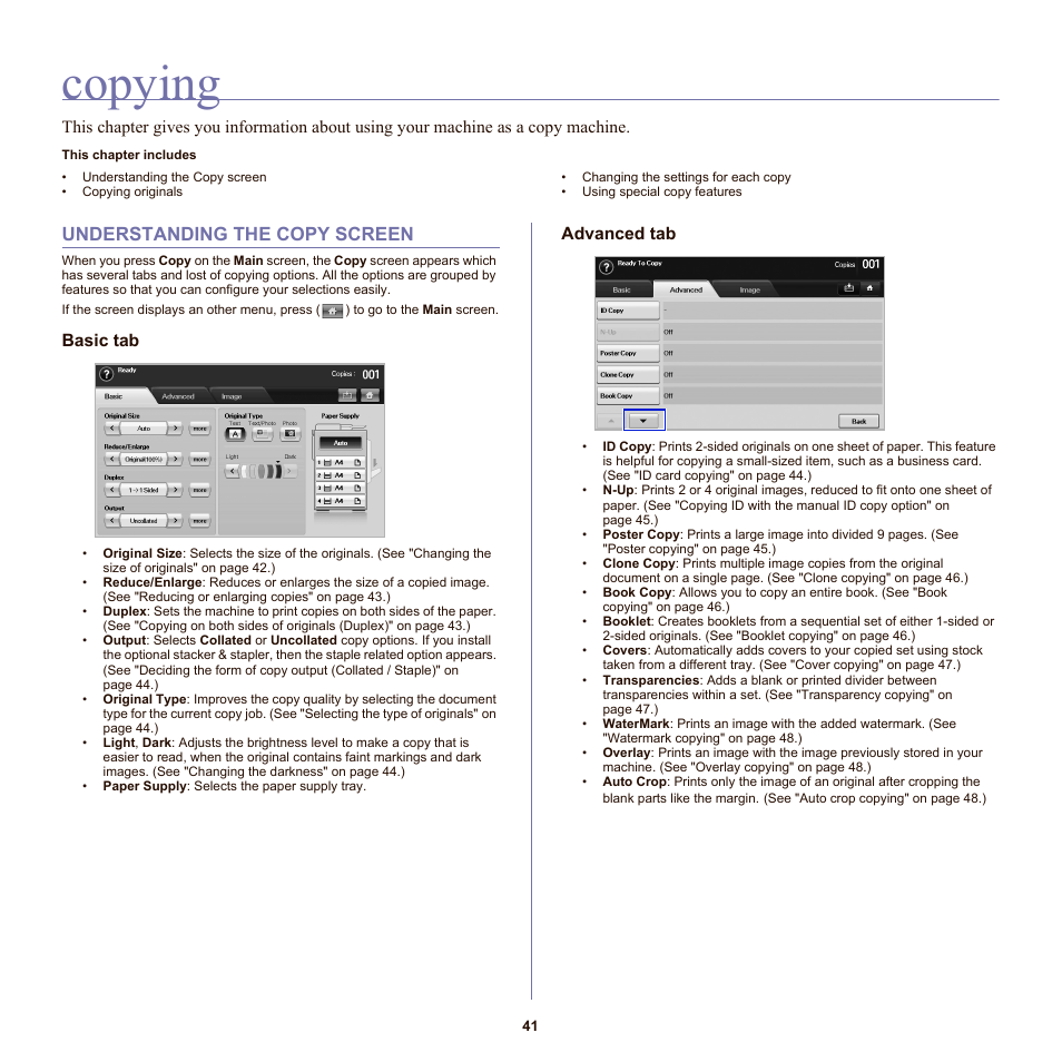 Copying, Understanding the copy screen, Basic tab | Advanced tab, 41 understanding the copy screen | Samsung SCX-6555N-XBG User Manual | Page 41 / 175