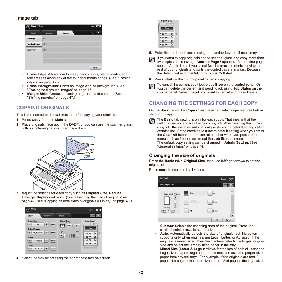 Image tab, Copying originals, Changing the settings for each copy | Changing the size of originals, S. (see "changing the | Samsung SCX-6555N-XBG User Manual | Page 42 / 175