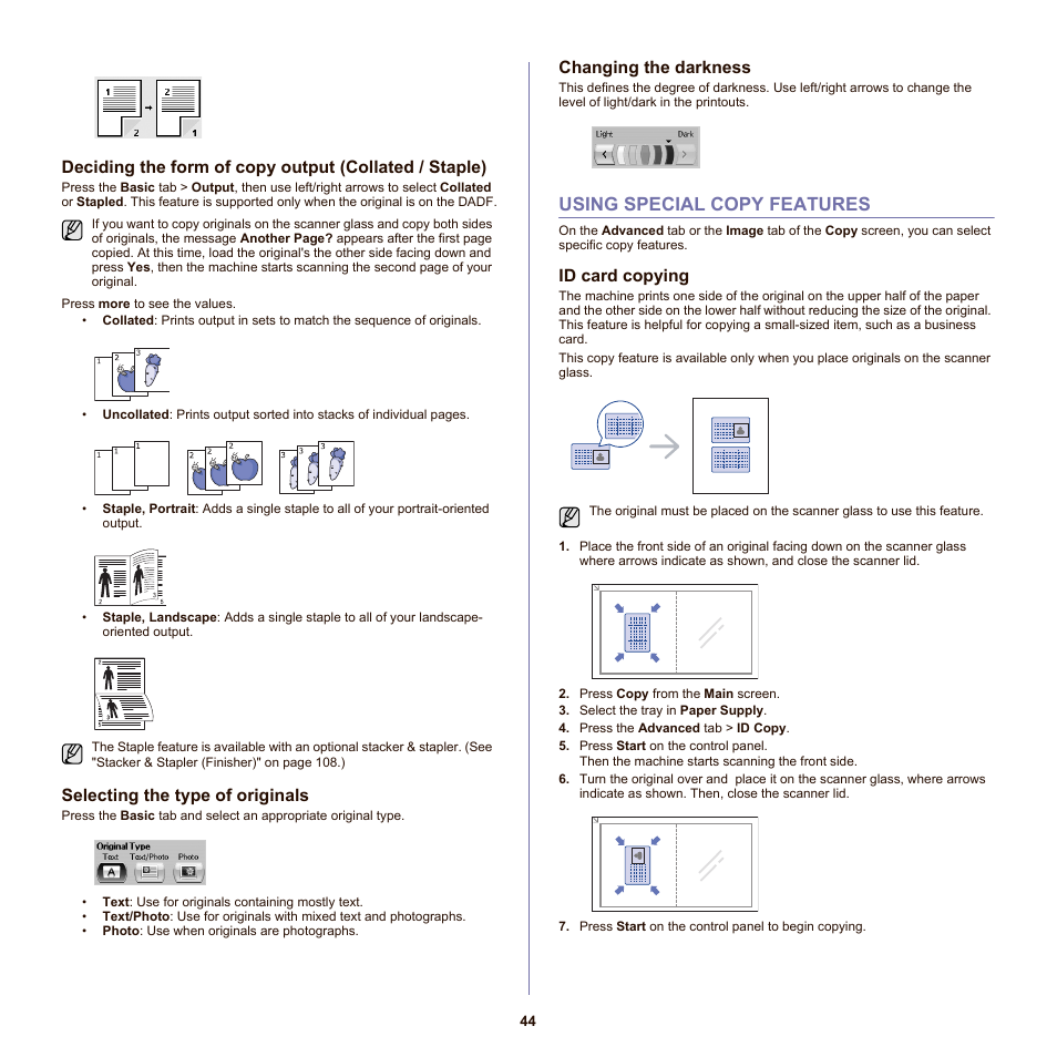 Selecting the type of originals, Changing the darkness, Using special copy features | Id card copying, 44 using special copy features, Ob. (see "selecting the type of originals" on | Samsung SCX-6555N-XBG User Manual | Page 44 / 175