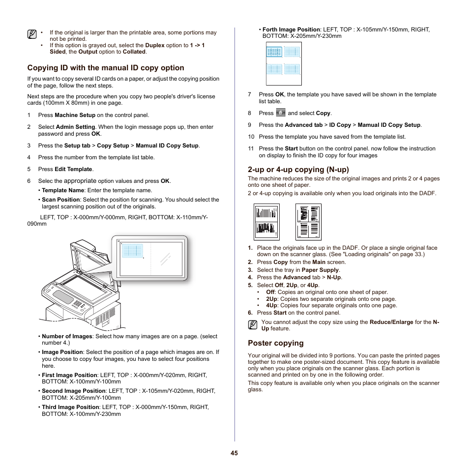 Copying id with the manual id copy option, Up or 4-up copying (n-up), Poster copying | Samsung SCX-6555N-XBG User Manual | Page 45 / 175