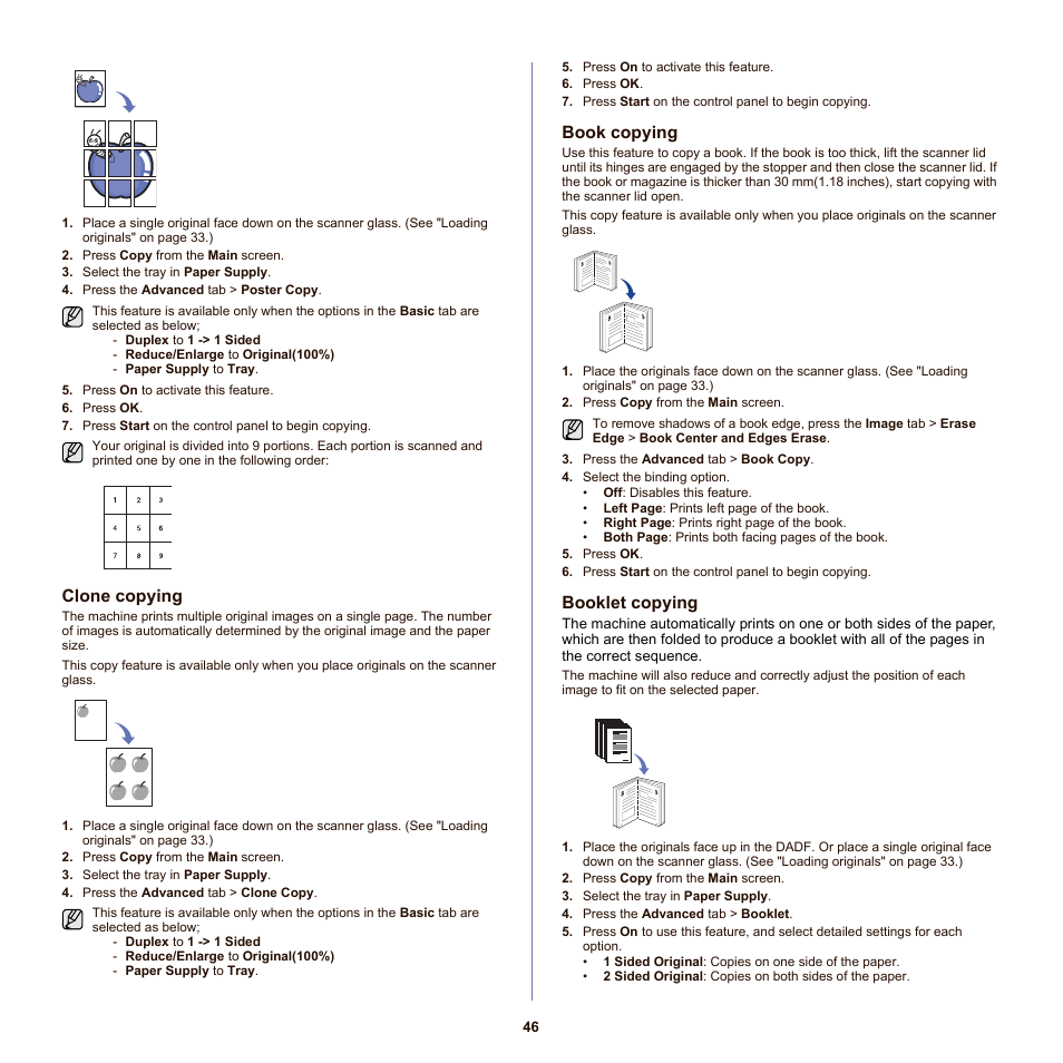 Clone copying, Book copying, Booklet copying | See "book | Samsung SCX-6555N-XBG User Manual | Page 46 / 175