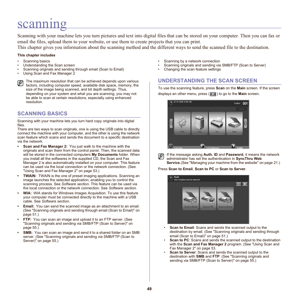 Scanning, Scanning basics, Understanding the scan screen | 49 scanning basics 49 understanding the sc | Samsung SCX-6555N-XBG User Manual | Page 49 / 175