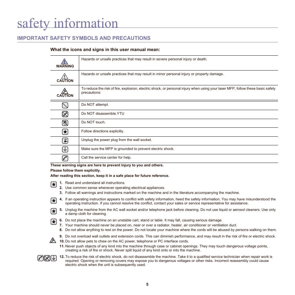 Safety information, Important safety symbols and precautions | Samsung SCX-6555N-XBG User Manual | Page 5 / 175