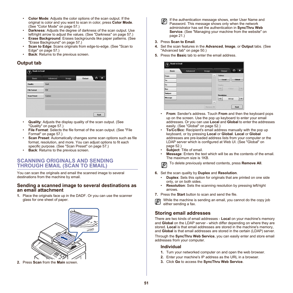 Output tab, Storing email addresses, See "storing email | Samsung SCX-6555N-XBG User Manual | Page 51 / 175