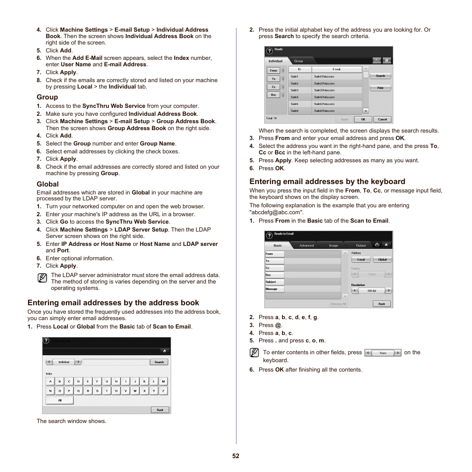 Entering email addresses by the address book, Entering email addresses by the keyboard, Eb ui. (see "global" on | Samsung SCX-6555N-XBG User Manual | Page 52 / 175