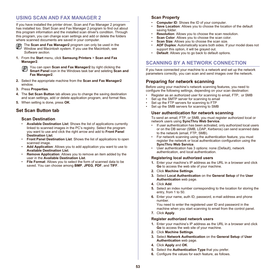 Using scan and fax manager 2, Set scan button tab, Scanning by a network connection | Preparing for network scanning, 53 using scan and fax manager 2, 53 scanning by a network connection, Ogram. (see "using scan and | Samsung SCX-6555N-XBG User Manual | Page 53 / 175