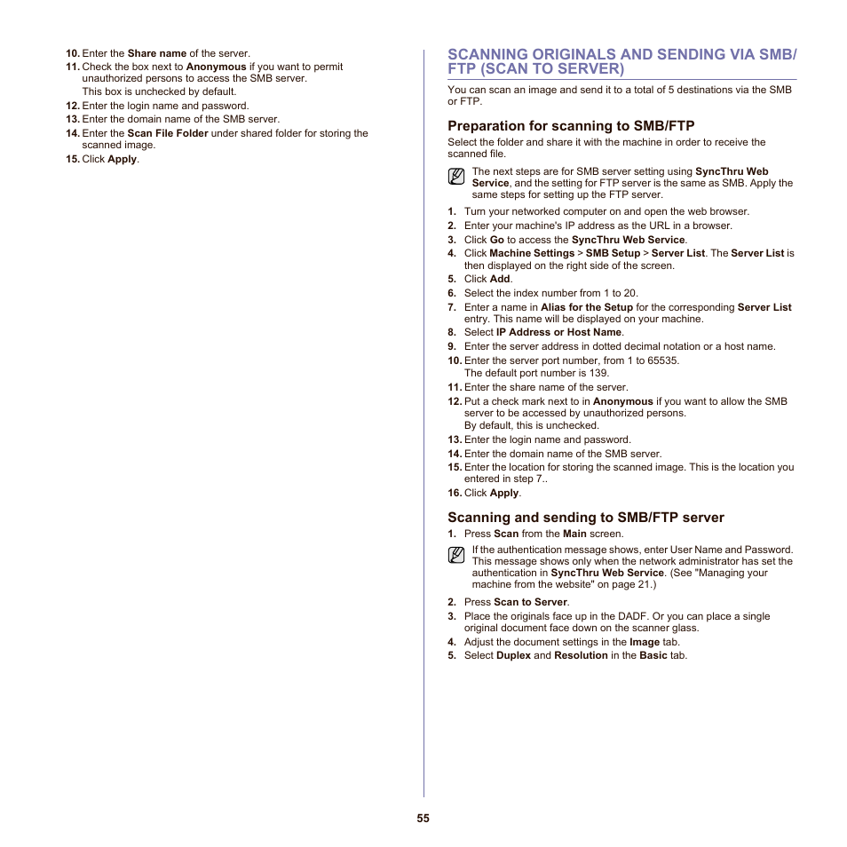 Preparation for scanning to smb/ftp, Scanning and sending to smb/ftp server, Server. (see | See "scanning originals and | Samsung SCX-6555N-XBG User Manual | Page 55 / 175