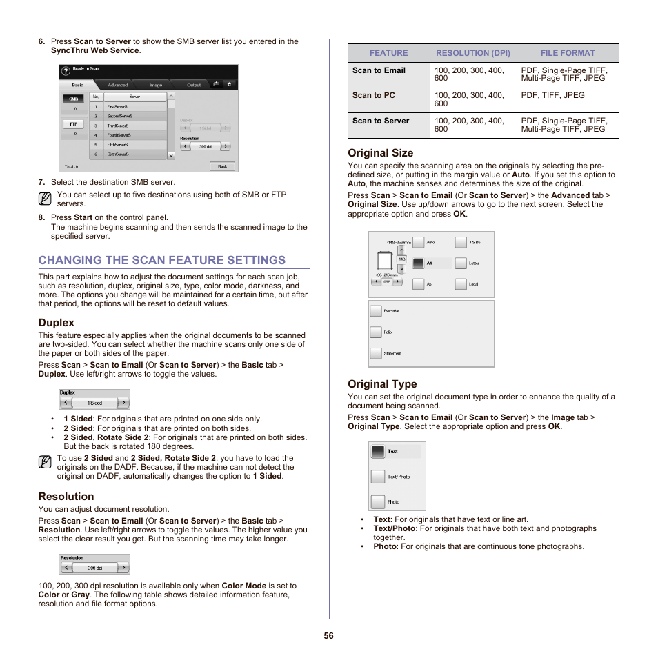 Changing the scan feature settings, Duplex, Resolution | Original size, Original type, 56 changing the scan feature settings, Xt or photo. (see | Samsung SCX-6555N-XBG User Manual | Page 56 / 175