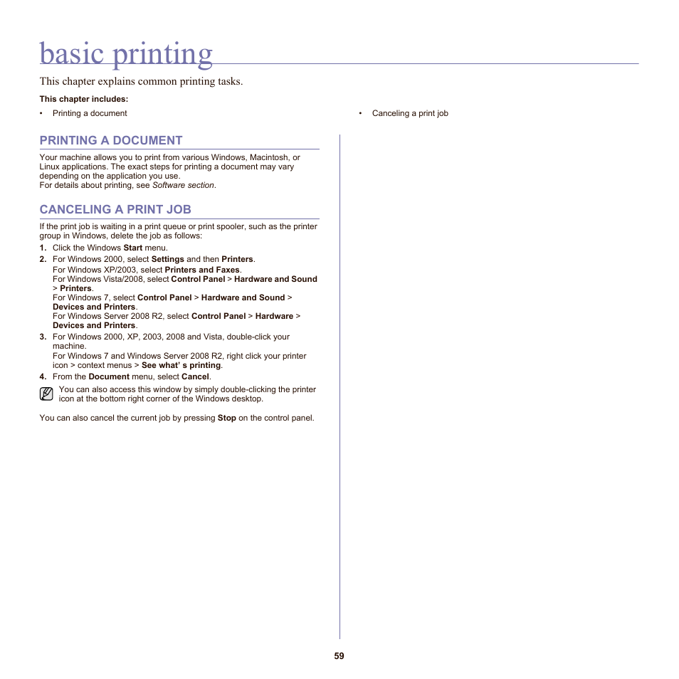 Basic printing, Printing a document, Canceling a print job | 59 printing a document 59 canceling a print job | Samsung SCX-6555N-XBG User Manual | Page 59 / 175