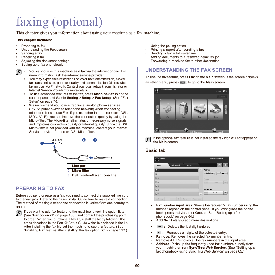 Faxing (optional), Preparing to fax, Understanding the fax screen | Basic tab | Samsung SCX-6555N-XBG User Manual | Page 60 / 175