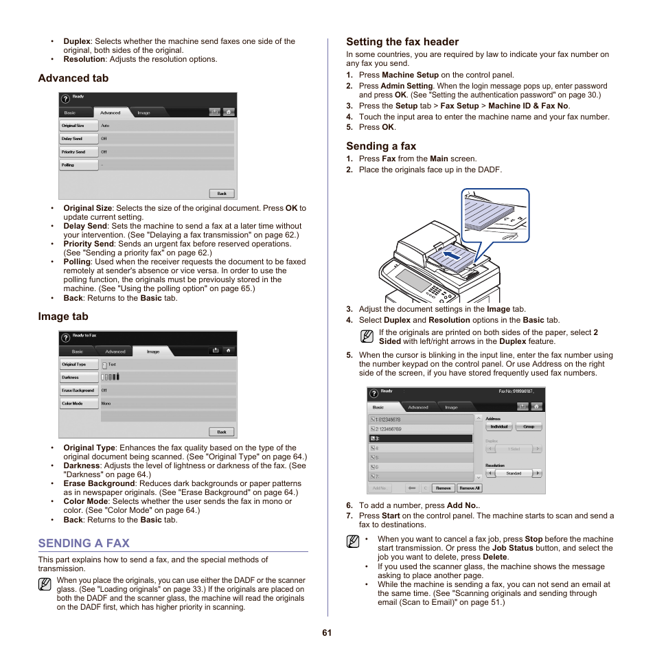 Advanced tab, Image tab, Sending a fax | Setting the fax header, 61 sending a fax | Samsung SCX-6555N-XBG User Manual | Page 61 / 175