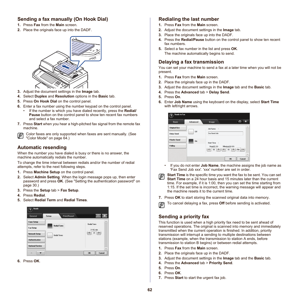 Sending a fax manually (on hook dial), Automatic resending, Redialing the last number | Delaying a fax transmission, Sending a priority fax, Sending a fax manually ( on | Samsung SCX-6555N-XBG User Manual | Page 62 / 175