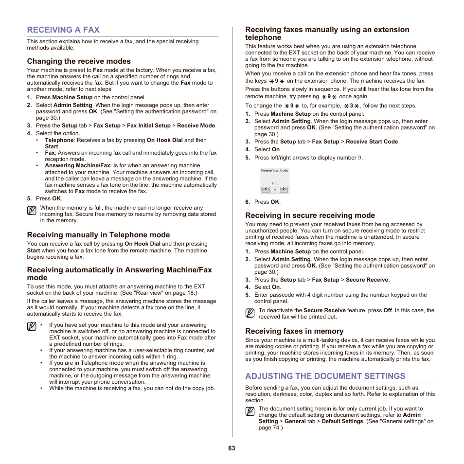 Receiving a fax, Changing the receive modes, Receiving manually in telephone mode | Receiving in secure receiving mode, Receiving faxes in memory, Adjusting the document settings, 63 receiving a fax, 63 adjusting the document settings | Samsung SCX-6555N-XBG User Manual | Page 63 / 175