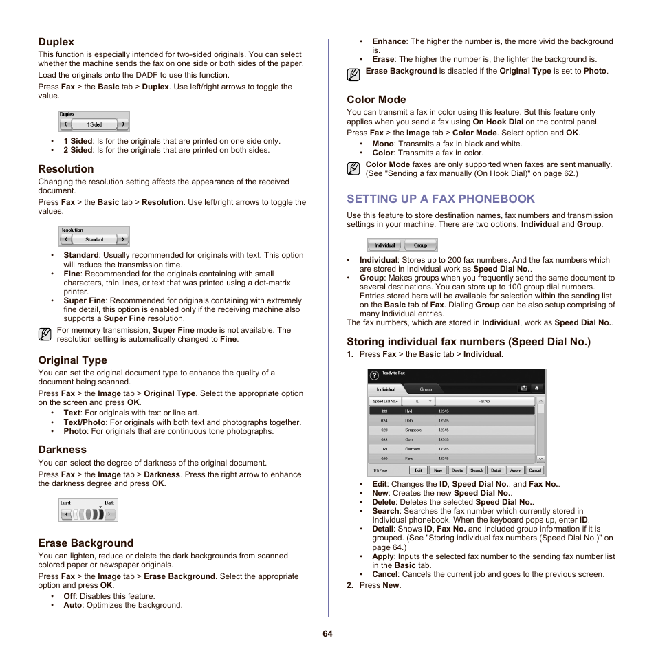 Duplex, Resolution, Original type | Darkness, Erase background, Color mode, Setting up a fax phonebook, Storing individual fax numbers (speed dial no.), 64 setting up a fax phonebook, Storing individual fax numbers | Samsung SCX-6555N-XBG User Manual | Page 64 / 175