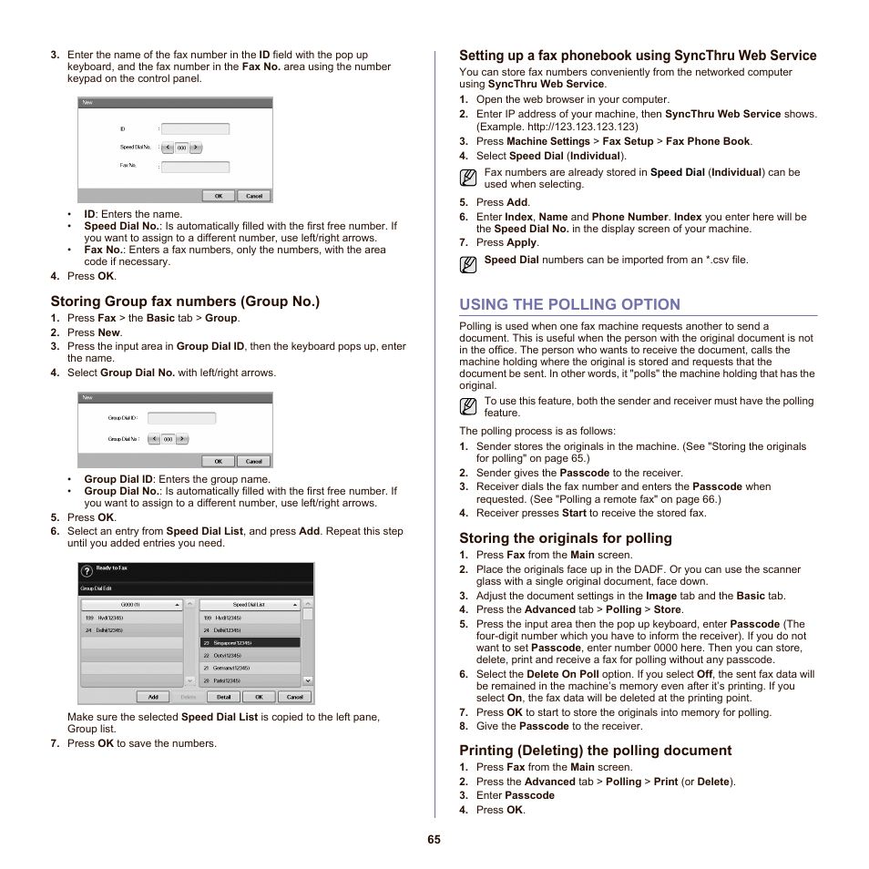 Storing group fax numbers (group no.), Using the polling option, Storing the originals for polling | Printing (deleting) the polling document, Storing group fax numbers ( g, Setting up a fax phonebook using, 65 using the polling option, See "setting up a | Samsung SCX-6555N-XBG User Manual | Page 65 / 175