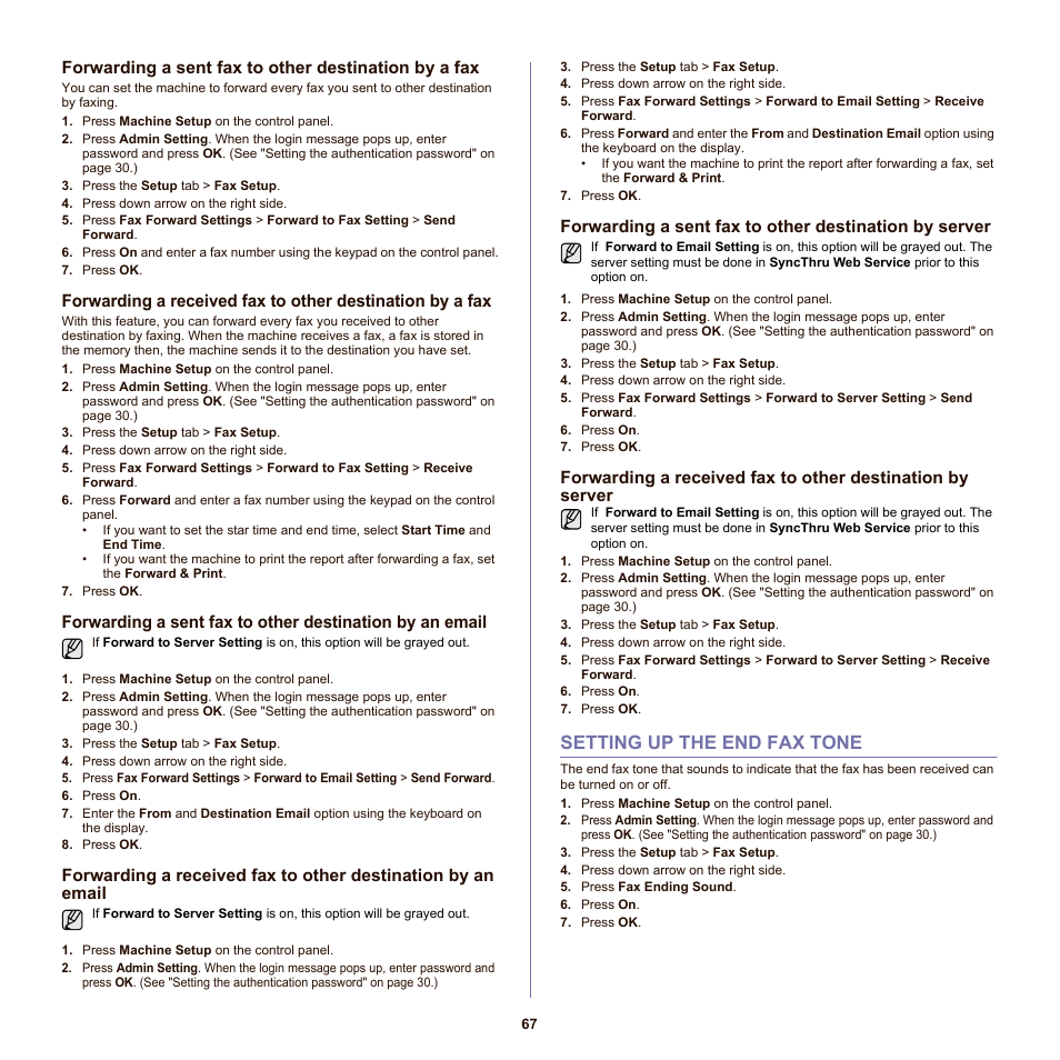Setting up the end fax tone, 67 setting up the end fax tone | Samsung SCX-6555N-XBG User Manual | Page 67 / 175