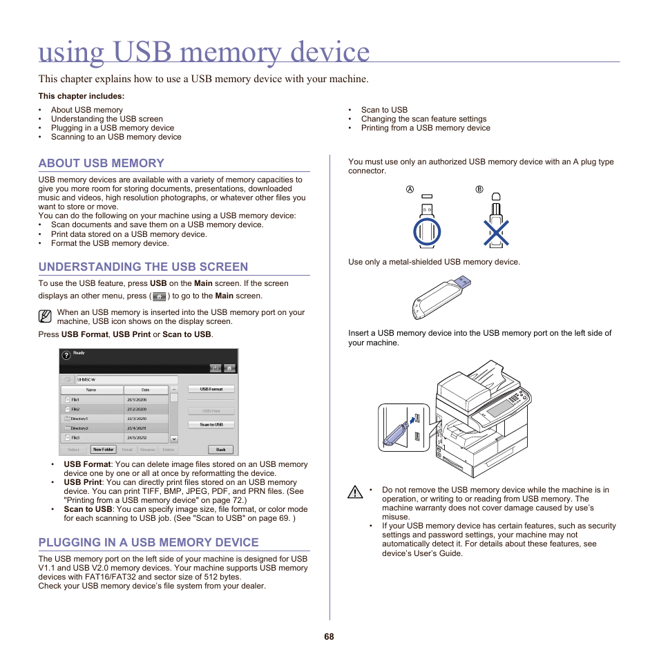 Using usb memory device, About usb memory, Understanding the usb screen | Plugging in a usb memory device, E. (see "using usb memory device" on | Samsung SCX-6555N-XBG User Manual | Page 68 / 175