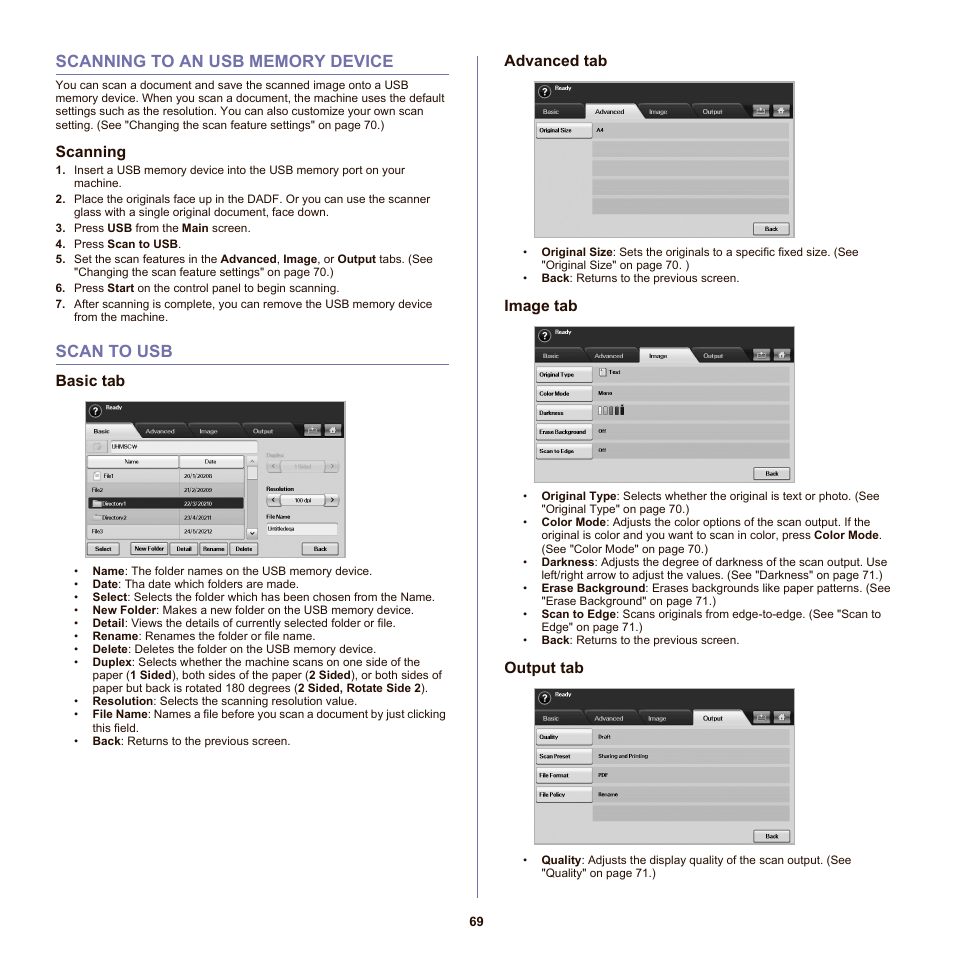 Scanning to an usb memory device, Scanning, Scan to usb | Basic tab, Advanced tab, Image tab, Output tab, 69 scanning to an usb memory device | Samsung SCX-6555N-XBG User Manual | Page 69 / 175