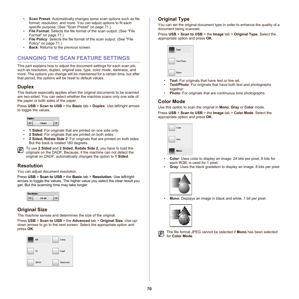 Changing the scan feature settings, Duplex, Resolution | Original size, Original type, Color mode, 70 changing the scan feature settings, Bs. (see, Xt or photo. (see | Samsung SCX-6555N-XBG User Manual | Page 70 / 175