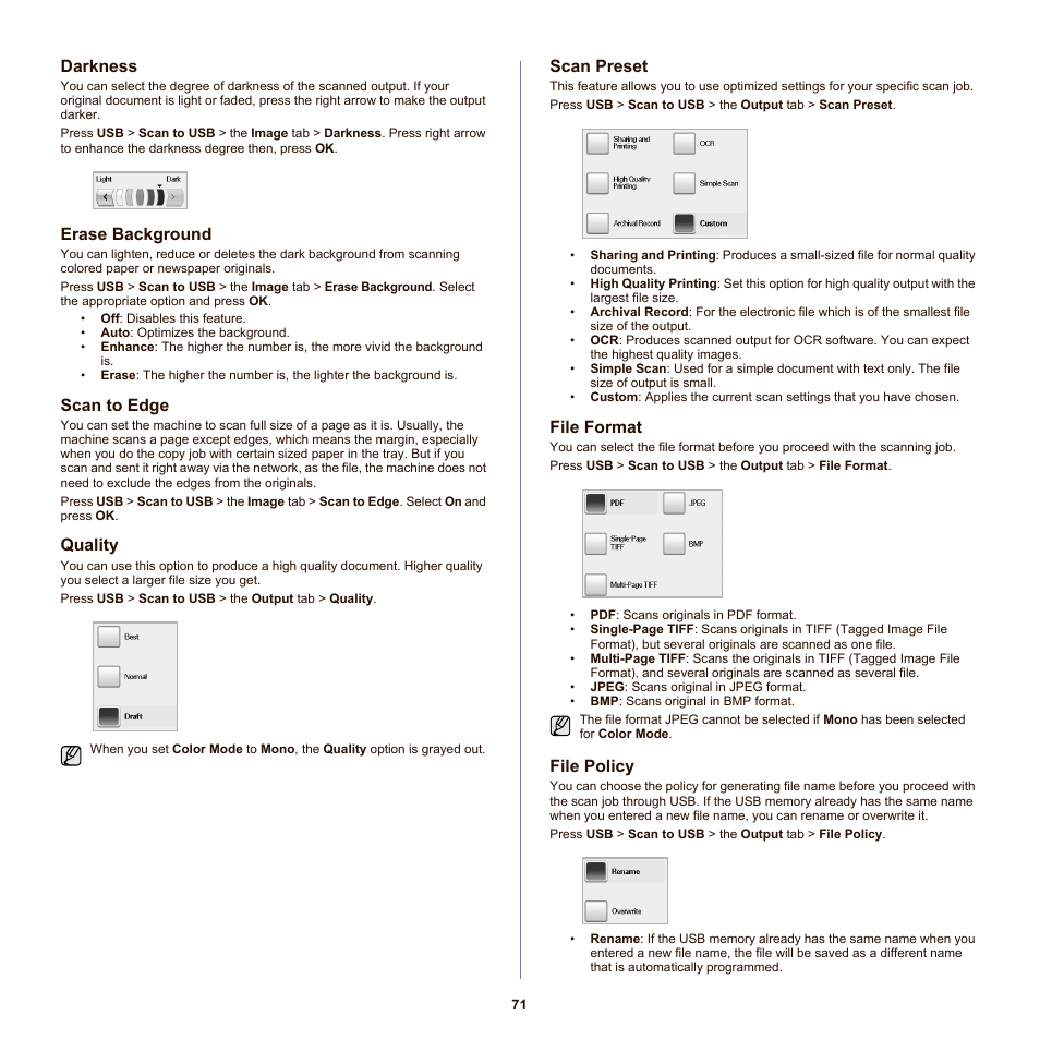 Darkness, Erase background, Scan to edge | Quality, Scan preset, File format, File policy, Rns. (see, Dge. (see "scan to, See "file | Samsung SCX-6555N-XBG User Manual | Page 71 / 175