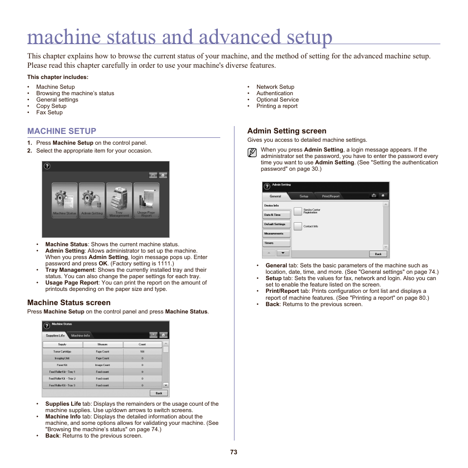 Machine status and advanced setup, Machine setup, Machine status screen | Admin setting screen | Samsung SCX-6555N-XBG User Manual | Page 73 / 175