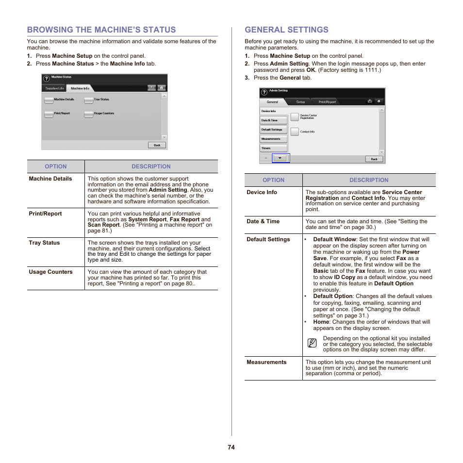 Browsing the machine’s status, General settings, See "general settings" on | Samsung SCX-6555N-XBG User Manual | Page 74 / 175