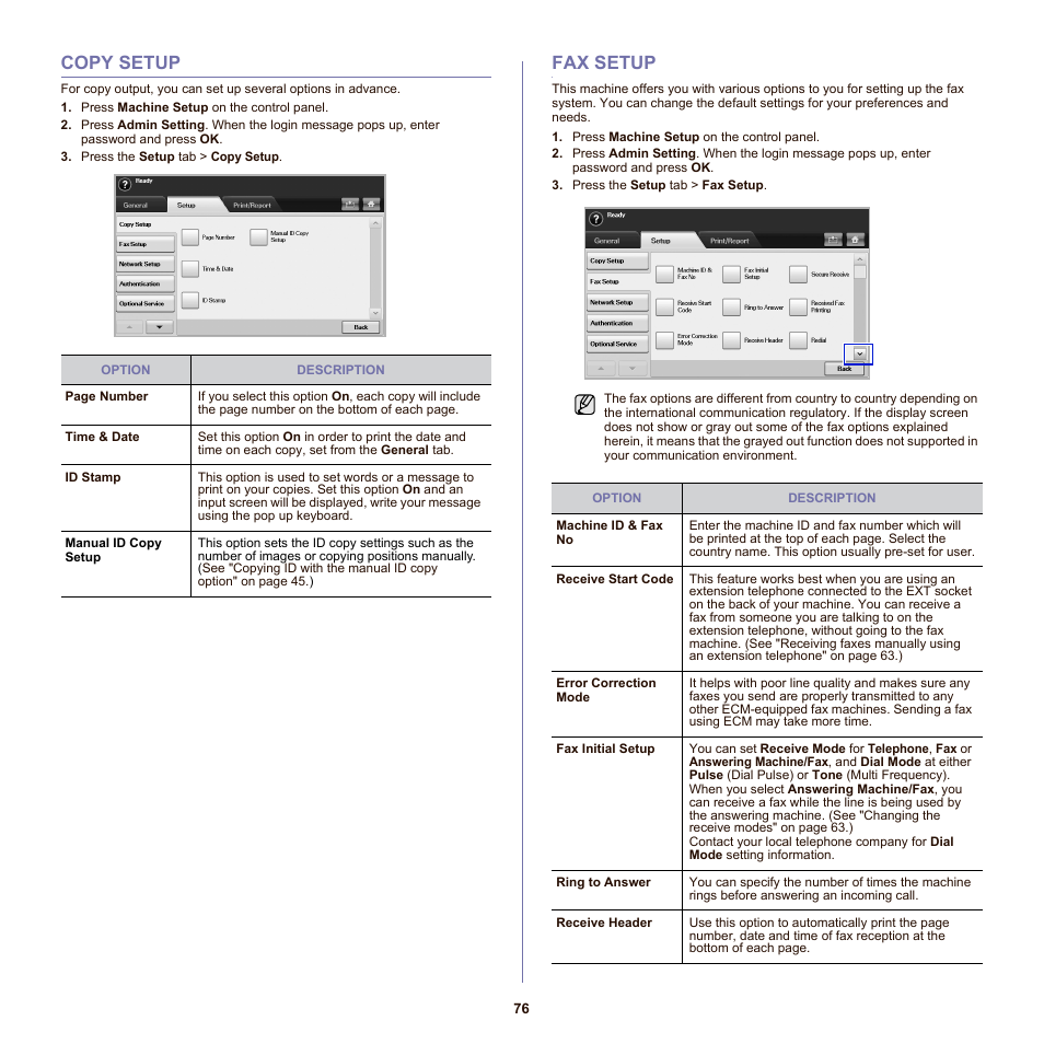 Copy setup, Fax setup, See "fax | Samsung SCX-6555N-XBG User Manual | Page 76 / 175