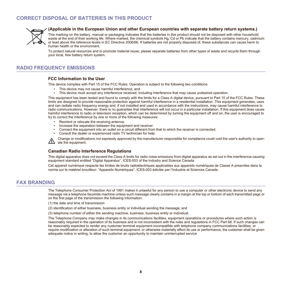 Correct disposal of batteries in this product, Radio frequency emissions, Fax branding | Samsung SCX-6555N-XBG User Manual | Page 8 / 175