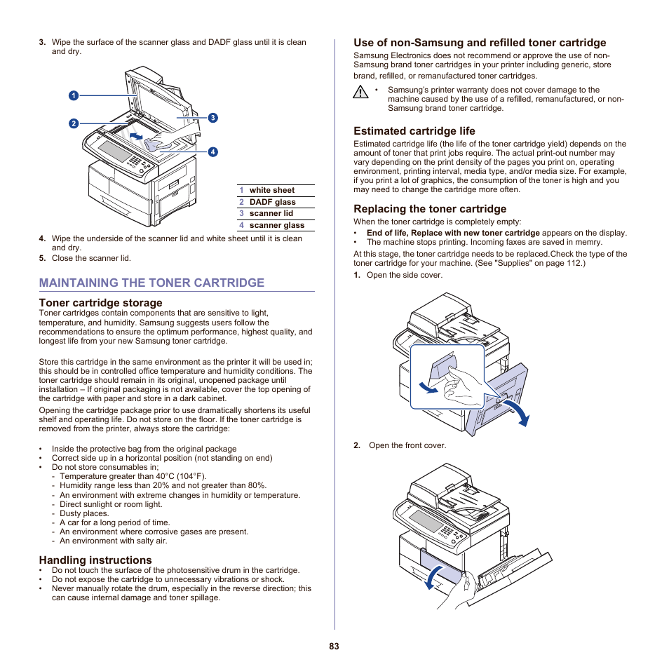 Maintaining the toner cartridge, Toner cartridge storage, Handling instructions | Use of non-samsung and refilled toner cartridge, Estimated cartridge life, Replacing the toner cartridge, 83 maintaining the toner cartridge, See "replacing the toner cartridge" on | Samsung SCX-6555N-XBG User Manual | Page 83 / 175