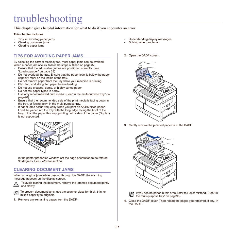 Troubleshooting, Tips for avoiding paper jams, Clearing document jams | Troubleshooting part. see | Samsung SCX-6555N-XBG User Manual | Page 87 / 175