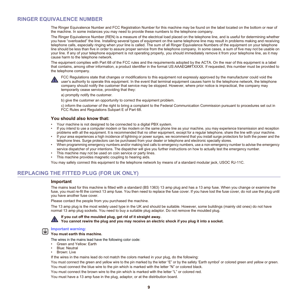 Ringer equivalence number, Replacing the fitted plug (for uk only) | Samsung SCX-6555N-XBG User Manual | Page 9 / 175