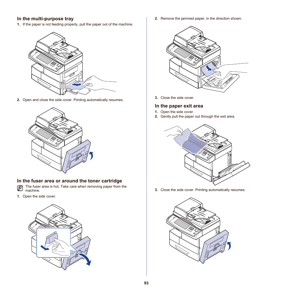 In the multi-purpose tray, In the fuser area or around the toner cartridge, In the paper exit area | See "in the multi, Purpose tray" on | Samsung SCX-6555N-XBG User Manual | Page 93 / 175