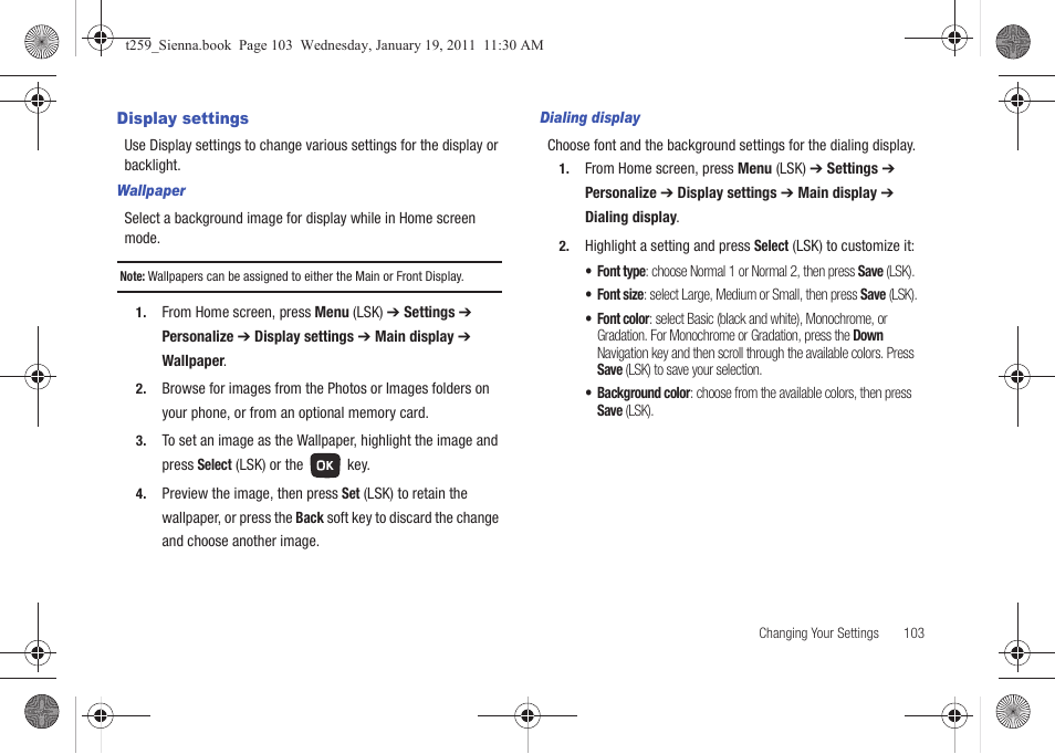 Display settings | Samsung SGH-T259HBBTMB User Manual | Page 107 / 155