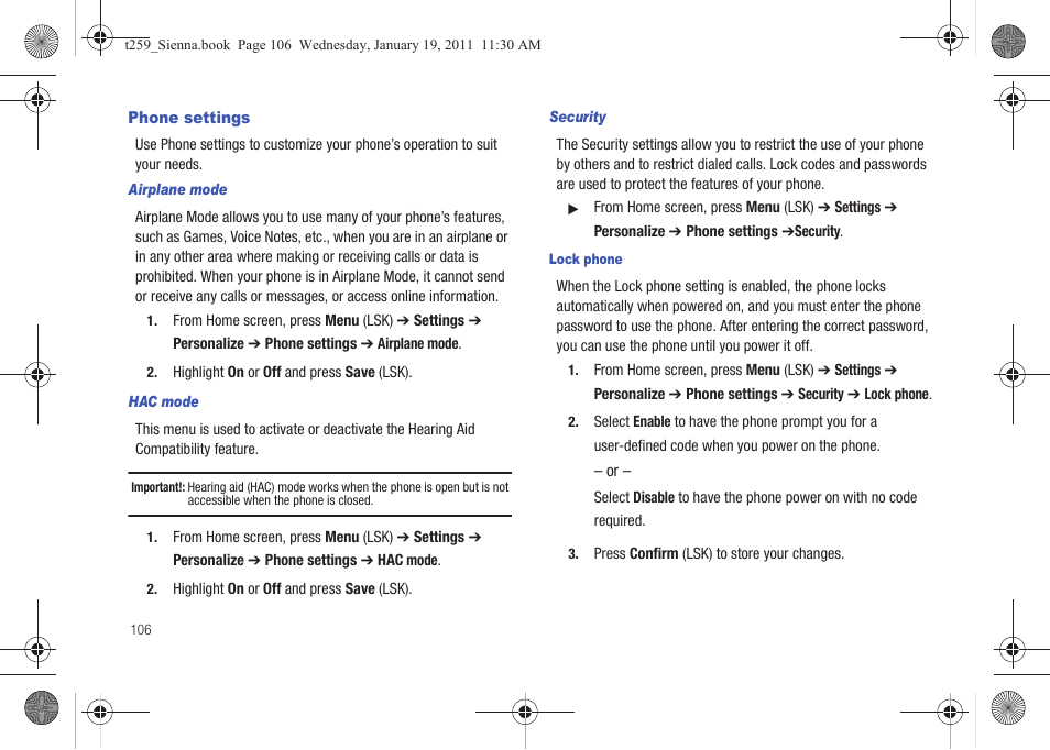 Phone settings | Samsung SGH-T259HBBTMB User Manual | Page 110 / 155