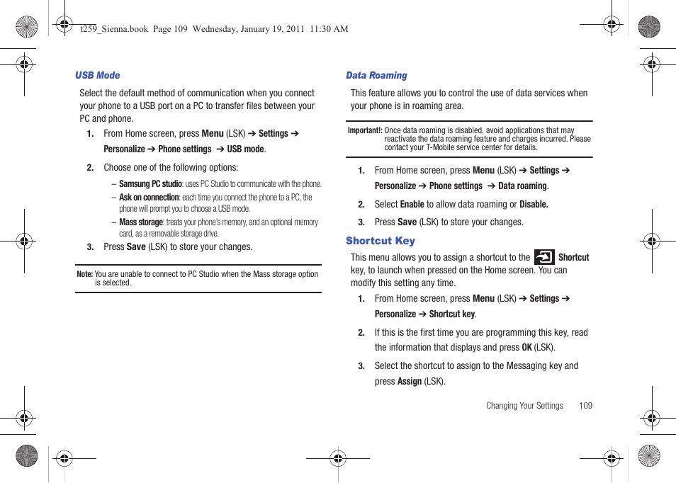 Shortcut key | Samsung SGH-T259HBBTMB User Manual | Page 113 / 155