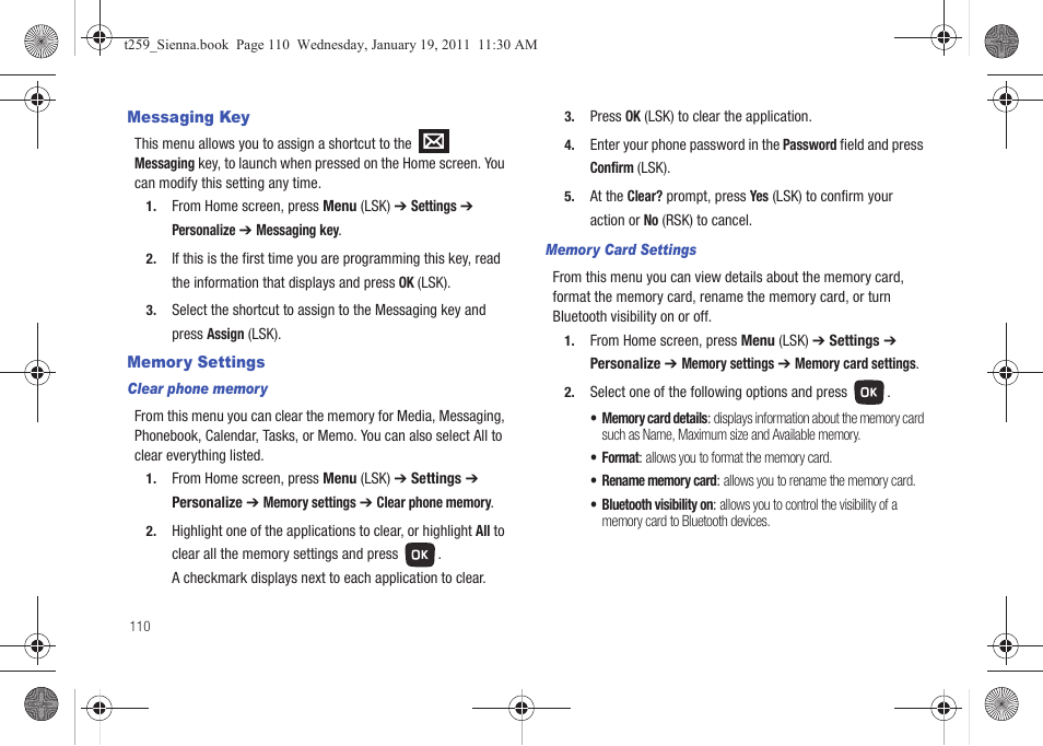 Messaging key, Memory settings, Messaging key memory settings | Samsung SGH-T259HBBTMB User Manual | Page 114 / 155